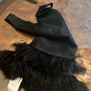 Black evening min dress with feathers at bottom
